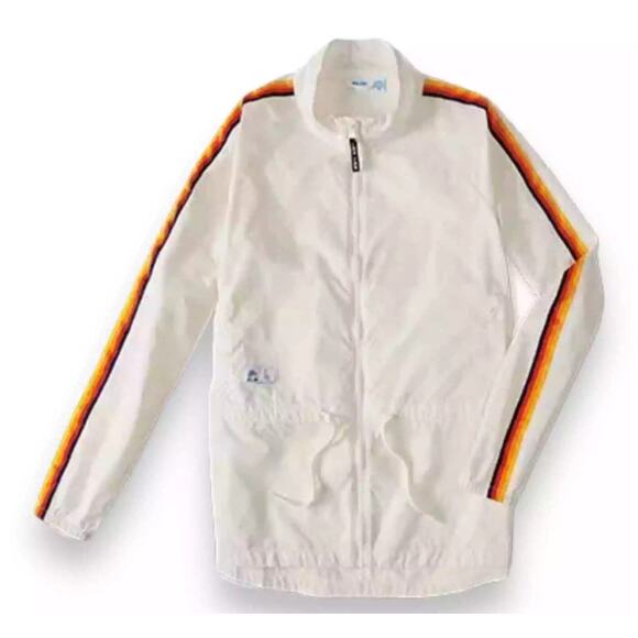 Aldi Gear Ladie's 2024 Windbreaker Allover Logo Rainbow Striped Sleeves XL NEW - Picture 1 of 7